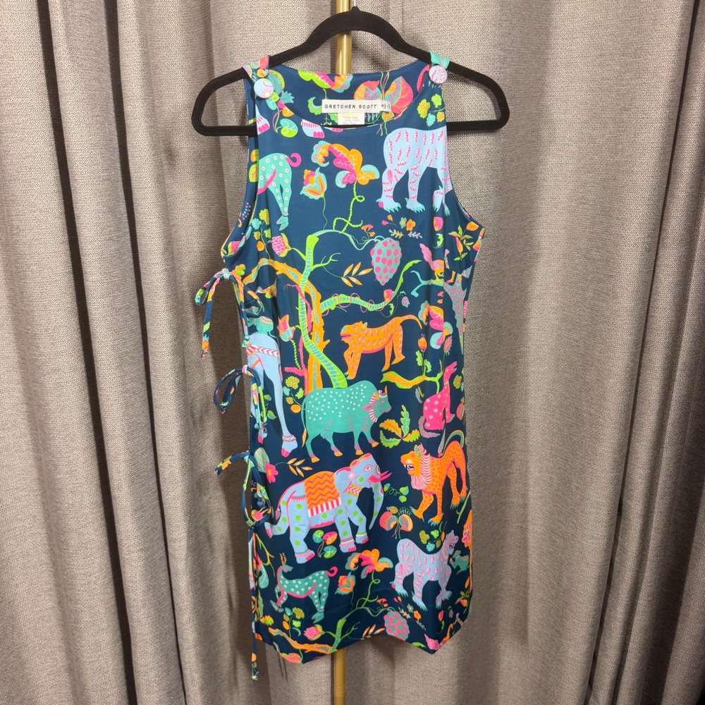 Gretchen‎ Scott Navy Blue Jungle Animal Print Side Tie Shift Dress Womens Small